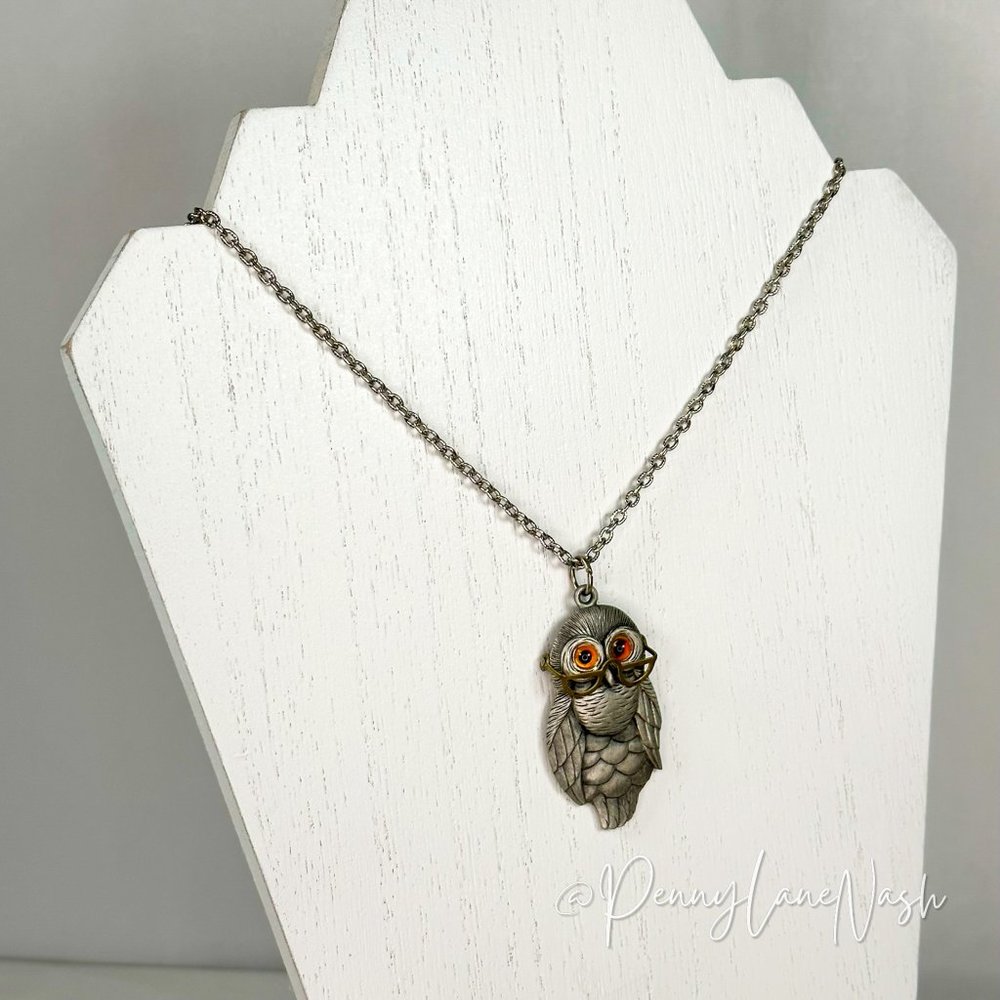 Vintage Large Owl w Glasses & Bead Eyes Pendant Necklace - Picture 3 of 5